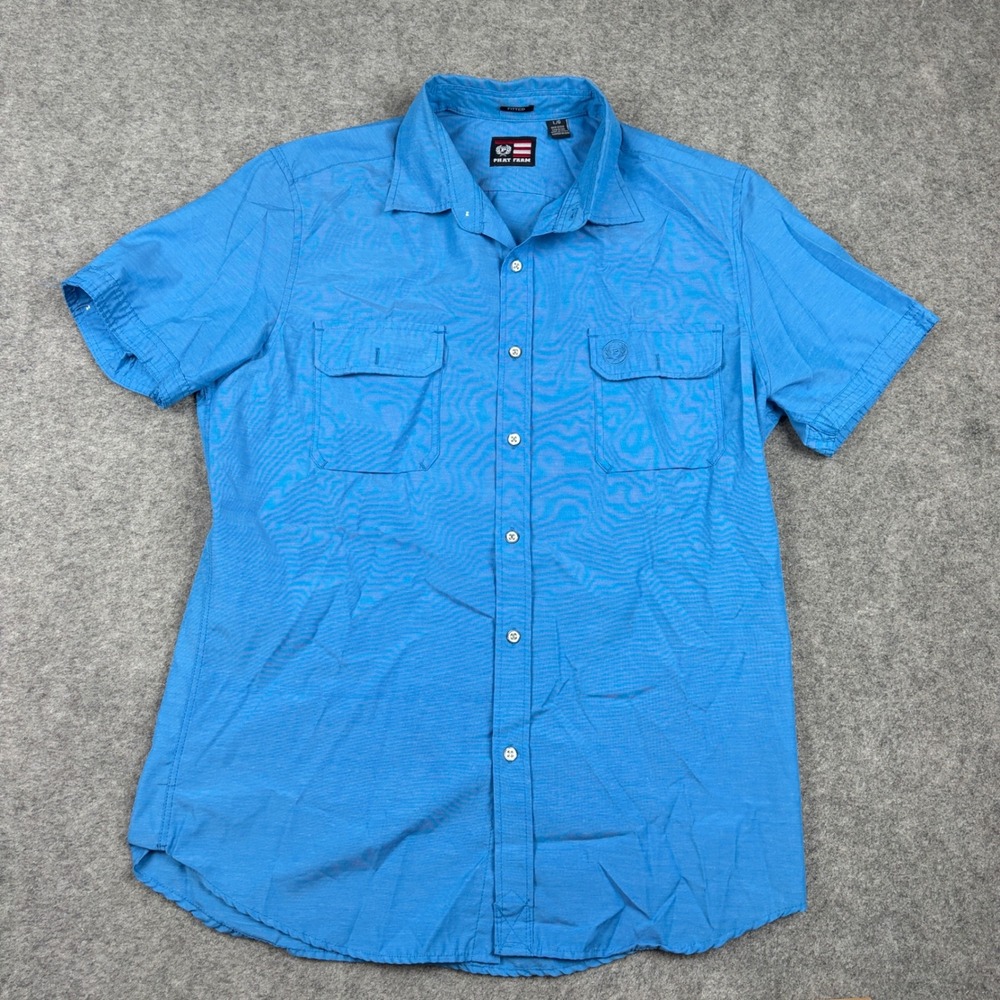 Phat Farm Button Down Shirt Mens Large Blue Short Sleeve‎ Fitted Pocket Y2K Hip